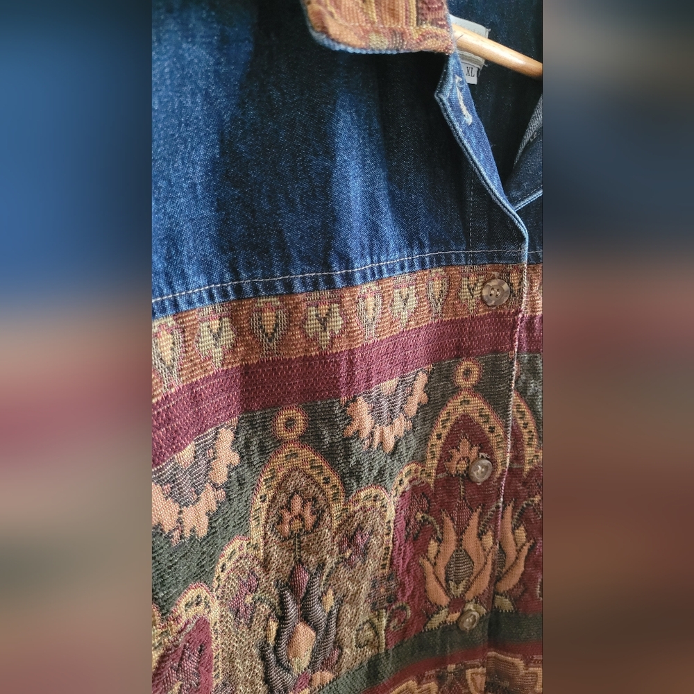 Coldwater Creek Denim and Tapestry Textured Jacket, Women's XL, Blue Jean, Brown - Picture 3 of 10